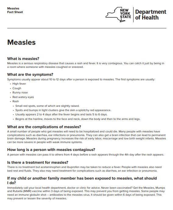 Measles fact sheet from the New York State Department of Health