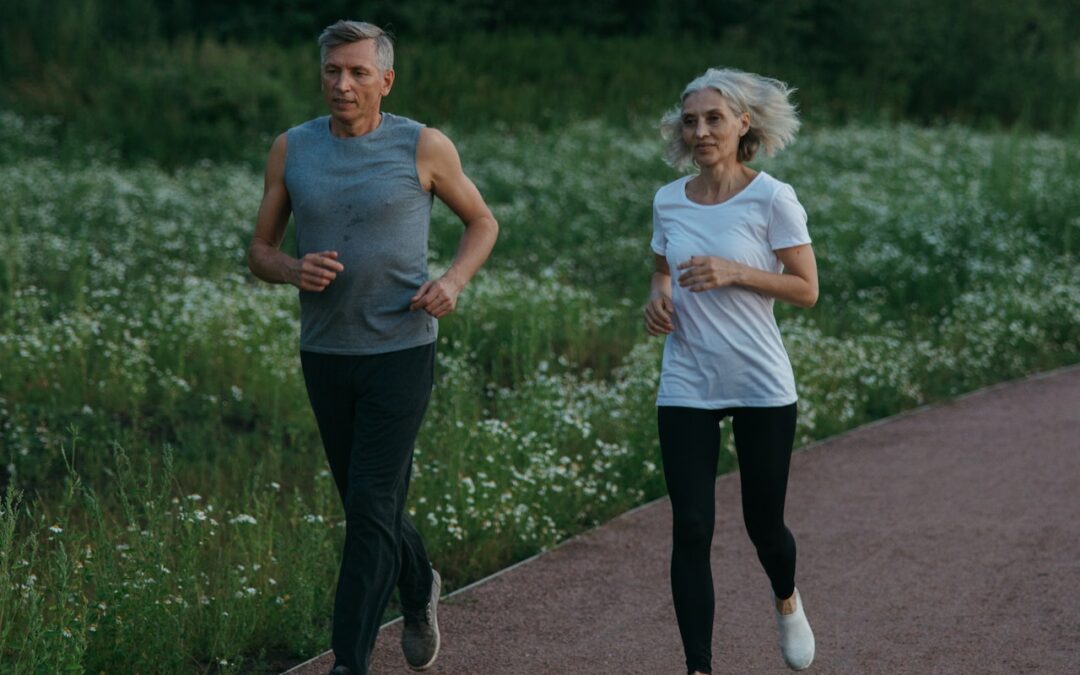 senior couple running exercising.