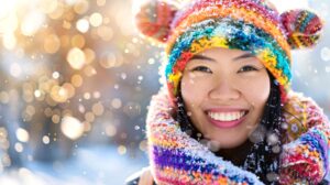 Asian woman in colorful winter clothes outdoors with a bright smile Concept of winter fashion, joy, happiness, outdoor sports. Copy space.