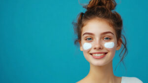 Smiling woman applying white cream on her face for healthy and glowing skin, portrait against a blue background. Her hair is tied up.