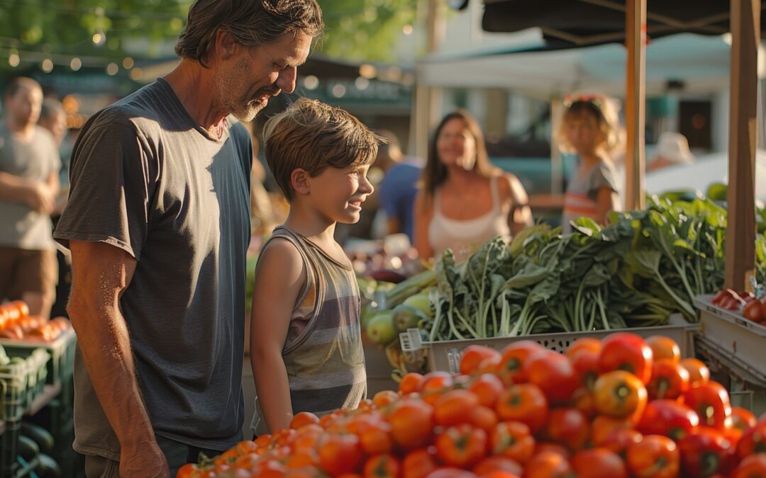 A joyful moment as a grandfather and his grandson explore vibrant vegetables and fruits at an outdoor farmers market filled with lively shoppers.