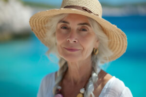 Portrait of an elderly woman in a white shirt and a straw hat under the sun on the sea, pension vacation