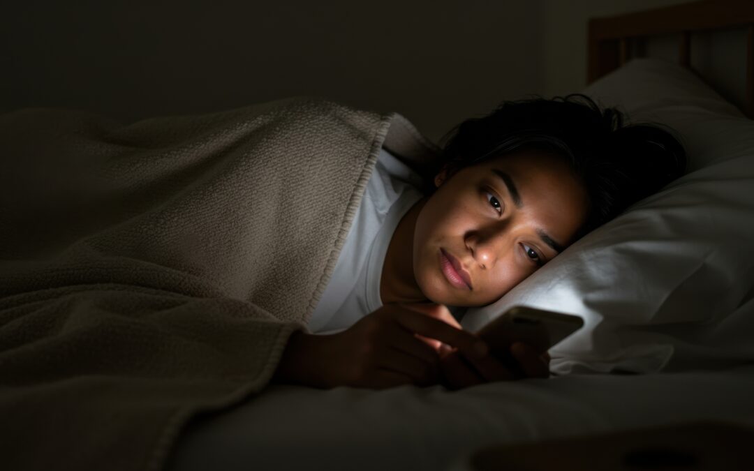 A young woman lies in bed at night, engrossed in her smartphone, the screen casting a soft light on her face as she scrolls through content.