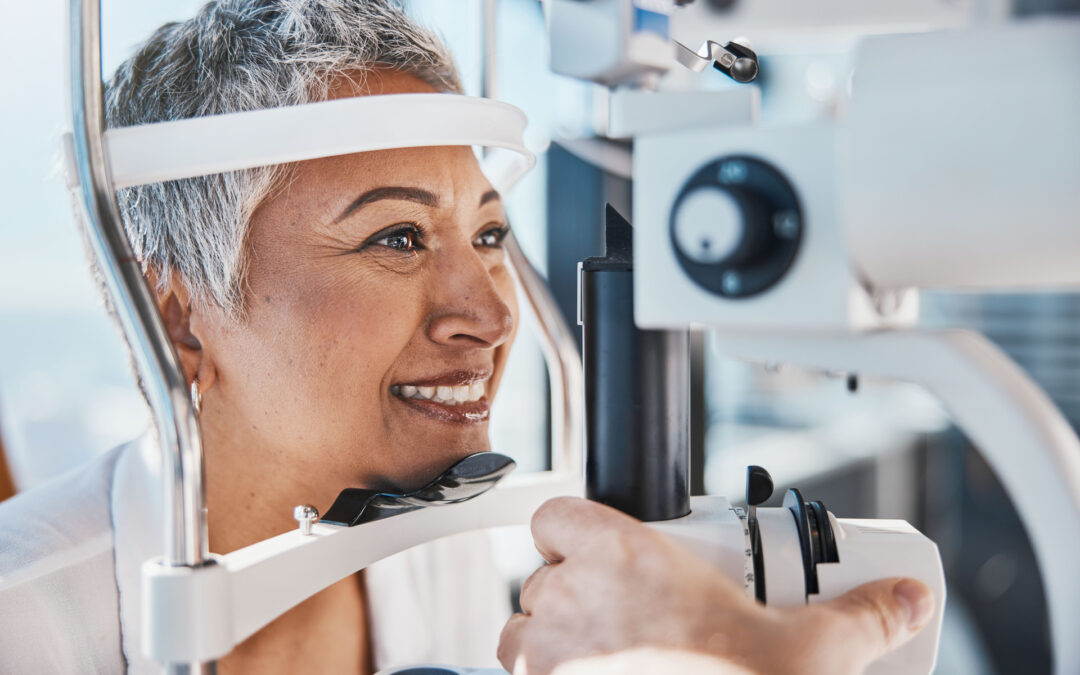 Face, eye exam or happy woman in test or consulting doctor for eyesight assessment at optometrist office. Senior customer testing vision with optician helping or checking iris or retina visual health.