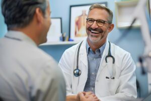 A middle-aged doctor, wearing a lab coat and stethoscope, smiles warmly and confidently as he talks to a patient whose back is to him in his office.