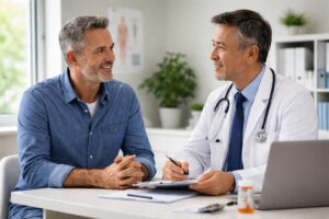colon cancer screening - man talking to his doctor