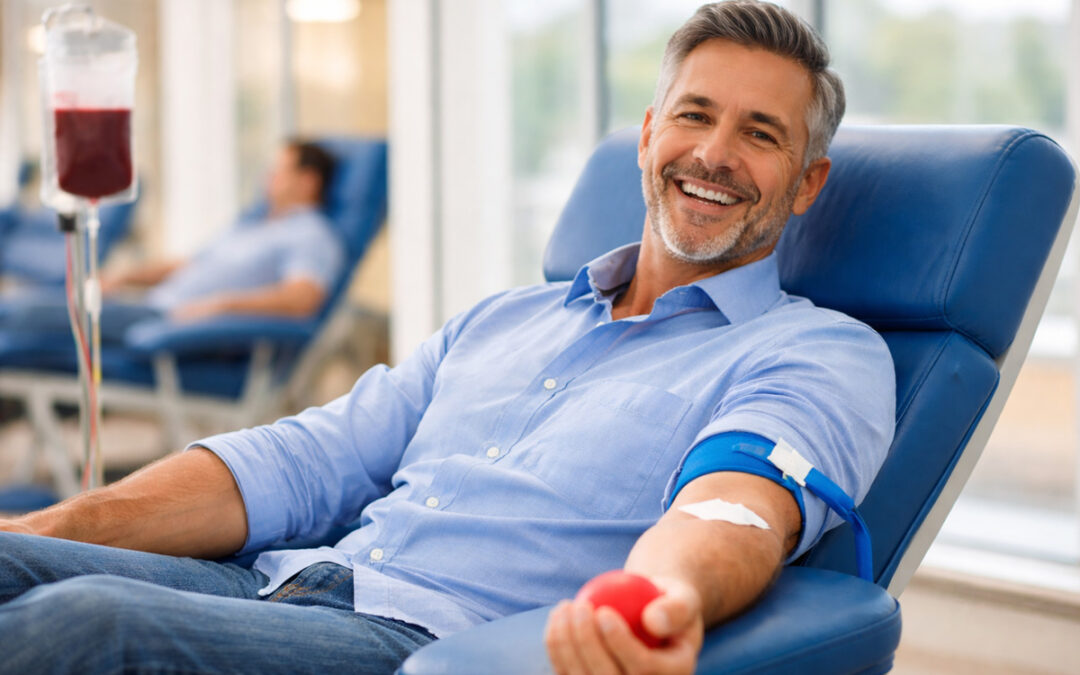 smiling man donating blood