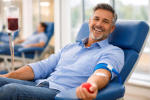 smiling man donating blood