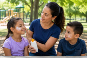 A mom putting sunscreen on her kids