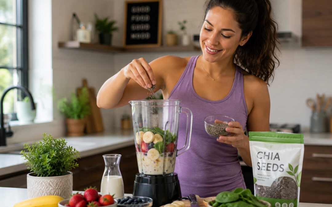 A woman adding chia seeds to her smoothie.